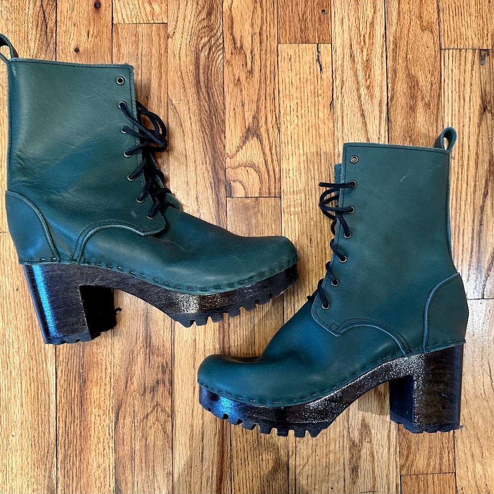 NO.6 STORE SHOES LACE UP CLOG BOOT ON HIGH TREAD BOTTLE GREEN LEATHER